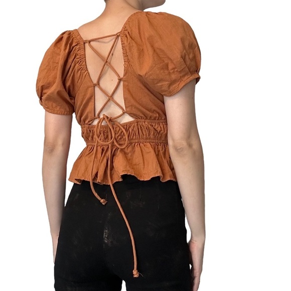 Free People Top Cropped Blouse Lace Up Boho Milkmaid Orange Size Extra Small - Picture 1 of 9